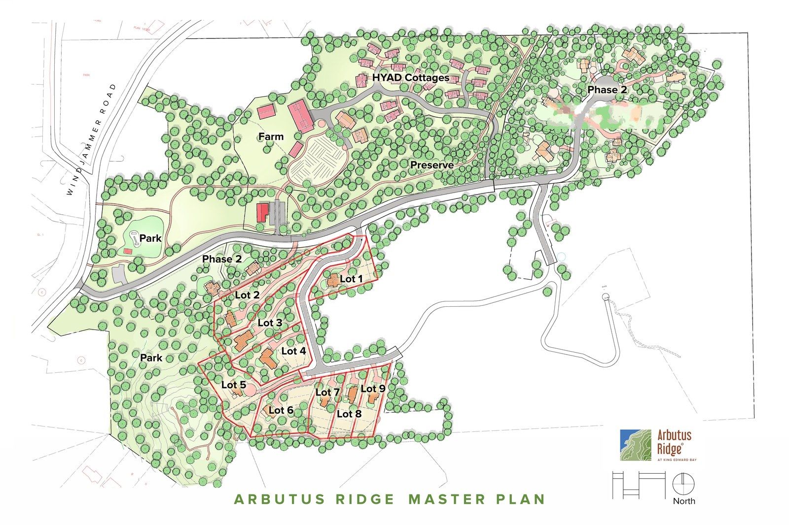 Phase 3 site plan of Arbutus Ridge, Bowen Island, showing Lots 1 to 9 laid out along Hayes Road with the septic field lot and the public open space lot
